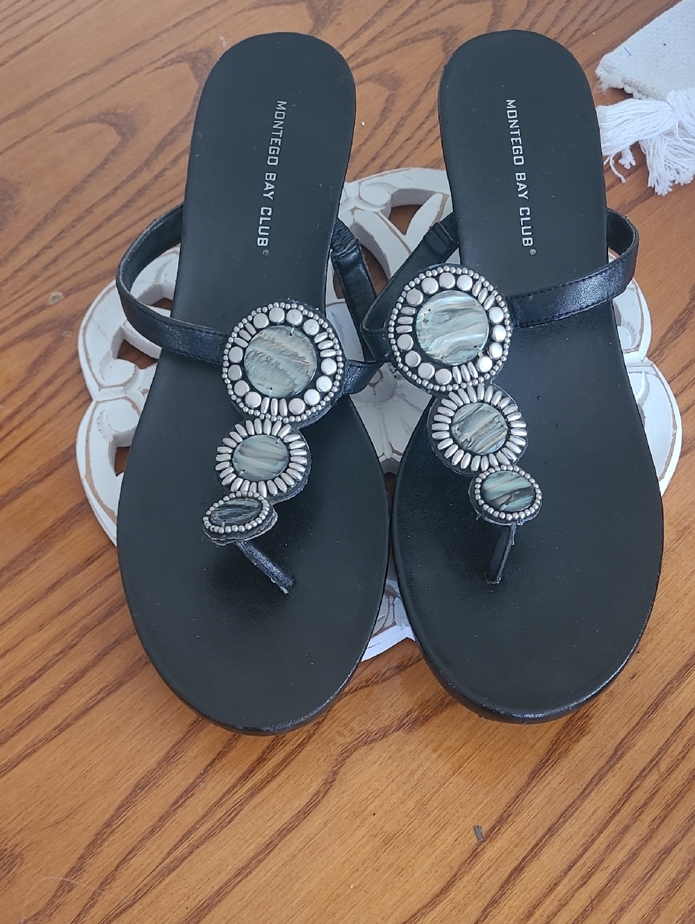 Montego Bay Club Black Beaded Toe-Post Sandals